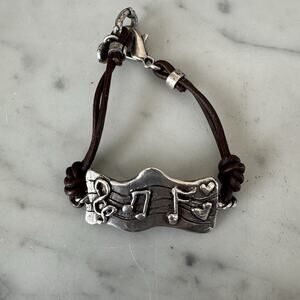 Brighton Musical Staff Note Brown Corded Silver Tone 6 Inch Bracelet